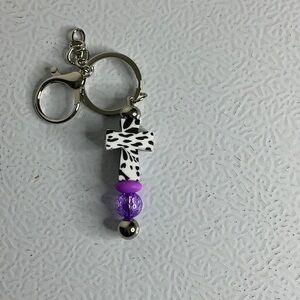 COW Print Cross Keychain with Purple Bead